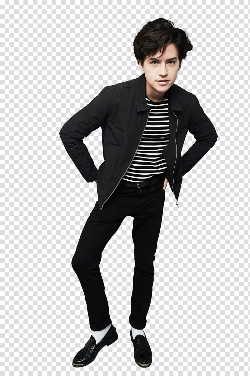 Cole Sprouse, man in black jacket and pants standing transparent background PNG clipart