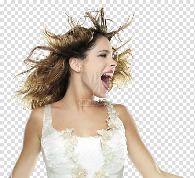 Violetta en vivo Promocionales, Violetta wearing white lace sleeveless top showing wide mouth open transparent background PNG clipart