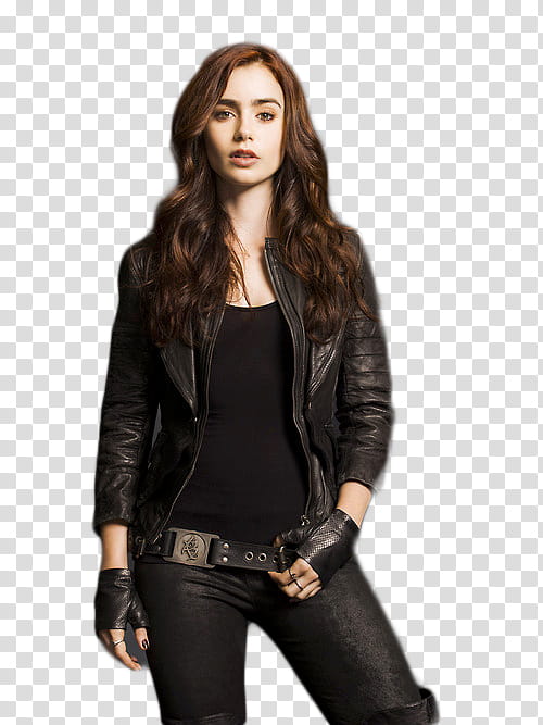 Lily Collins, standing Lily Collins in black zip-up leather jacket transparent background PNG clipart