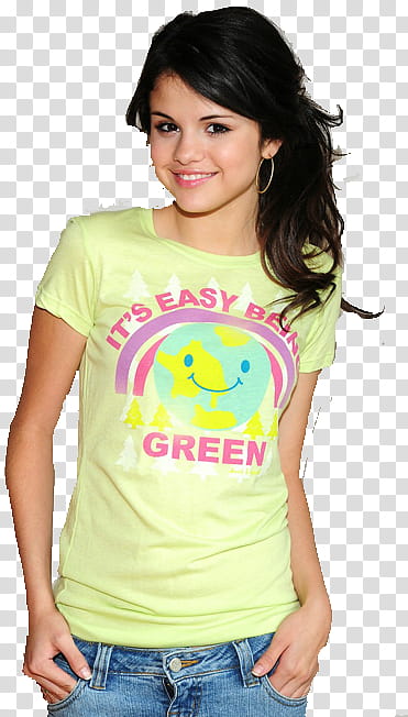 Selena Gomez, Selena Gomez standing wearing beige and pink t-shirt transparent background PNG clipart