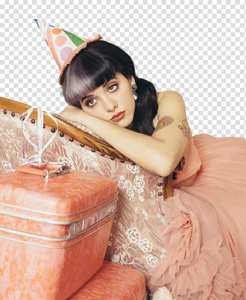 Melanie Martinez, woman leaning on brown wooden headboard transparent background PNG clipart