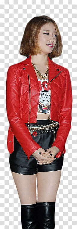 JiYeon on Stage, woman in red leather jacket and black shorts standing transparent background PNG clipart