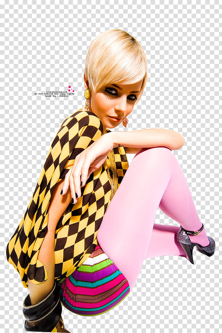 woman in yellow and black diagonal print top and striped bottoms transparent background PNG clipart