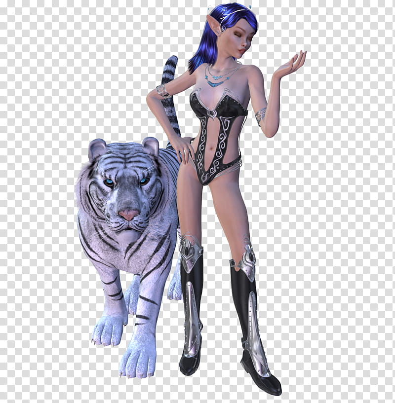 D Render Fantasy , animated female standing character beside white tiger transparent background PNG clipart