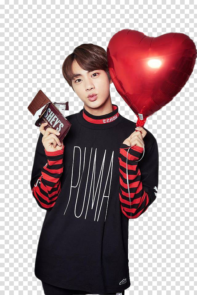BTS, man wearing black and white Puma crew-neck shirt holding balloon and Hershey's chocolate bar transparent background PNG clipart