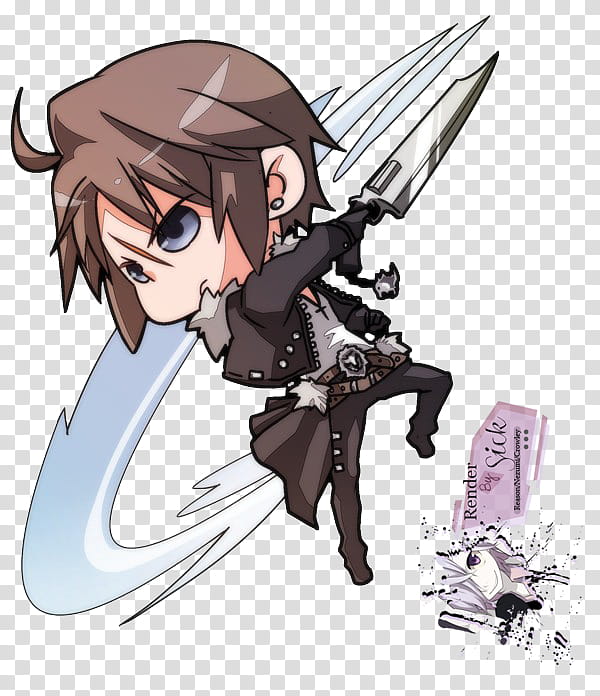 Renders Anime Chibi, male anime character with brown hair and black shirt and pants holding knife transparent background PNG clipart