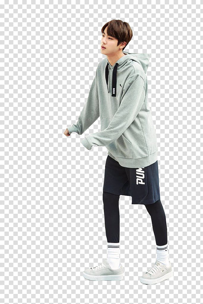 Bts Puma, in gray hoodie and black Puma shorts transparent background PNG clipart | HiClipart