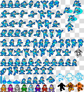 Compiled Mega Man Sprite Sheet, boy wearing blue suit smartphone game application transparent background PNG clipart