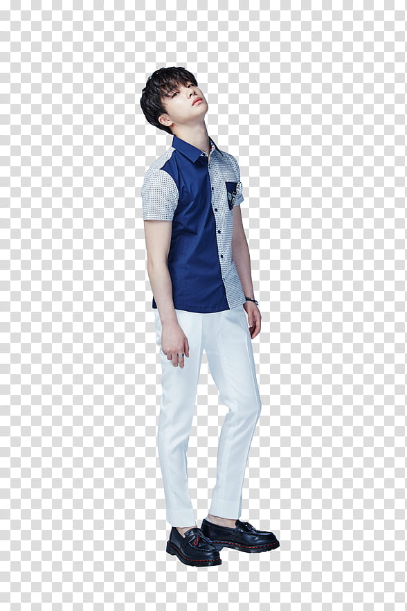 iKON Smart P, man wearing blue and gray dress t-shirt and white pants transparent background PNG clipart
