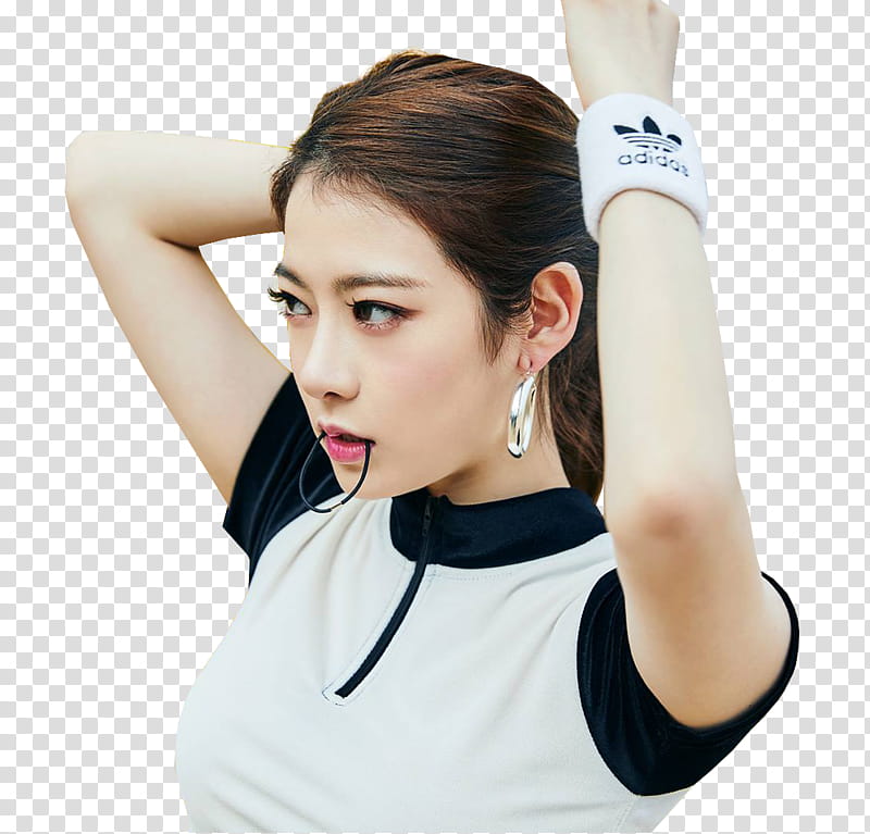 PRISTIN Wee Woo Teaser HQ, woman tying her hair and biting hair tie transparent background PNG clipart