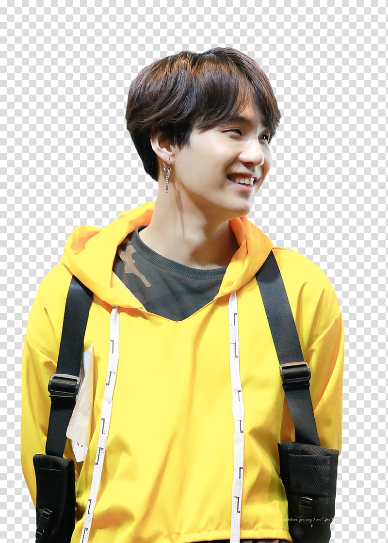 YOONGI, standing BTS Min Yoon-gi wearing yellow pullover hoodie laughing transparent background PNG clipart