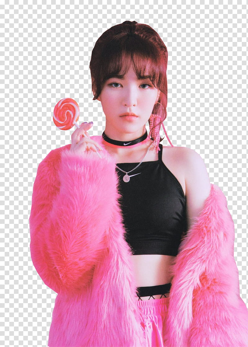 Red Velvet Bad Boy Scans, woman in pink fur jacket holding lollipop transparent background PNG clipart