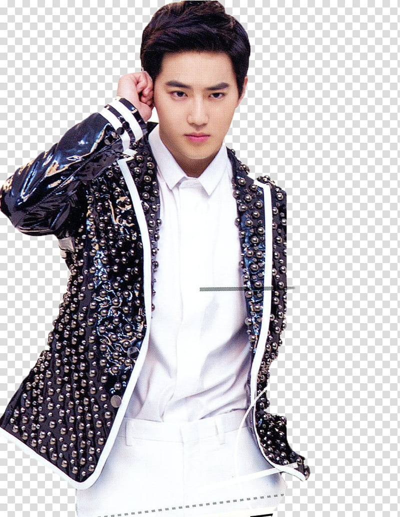 SUHO EXO S, man wearing black and white zip-up jacket while holding his ear transparent background PNG clipart