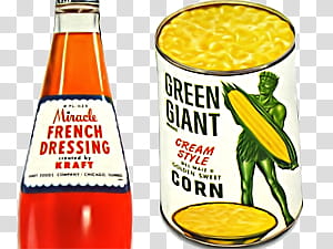 Miracle French Dressing bottle and Green Giant Cream Style corn can transparent background PNG clipart