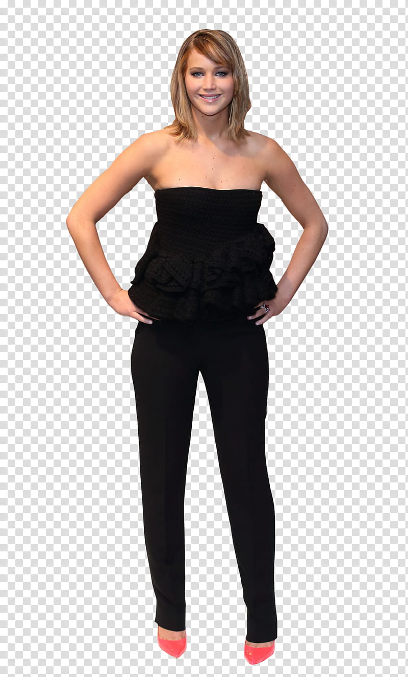 JenniferLawrence, Jennifer Lawrence wearing black tube top standing with both arms akimbo transparent background PNG clipart