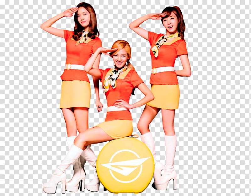 Girls Generation , three woman wearing orange dresses transparent background PNG clipart