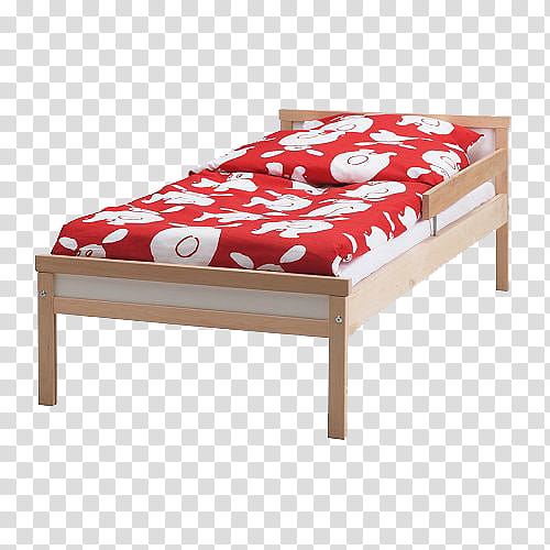 Fixtures, brown wooden bed filled with white mattress and red bed sheet transparent background PNG clipart