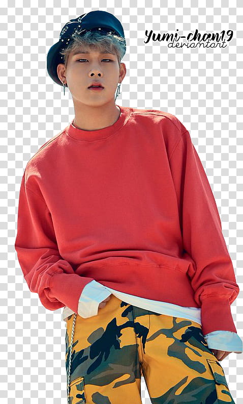 MONSTA X, man in red sweater and yellow camouflage pants transparent background PNG clipart