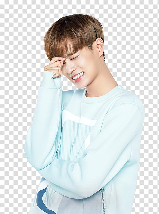 Wanna One Innisfree Part P, smiling man wearing blue crew-neck sweater transparent background PNG clipart