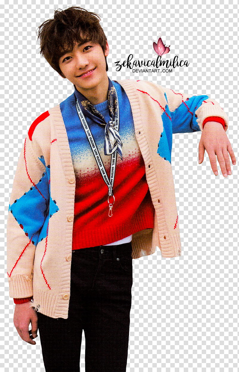 NCT Jaemin  Season Greetings, standing man wearing white, blue, and red button-up cardigan transparent background PNG clipart