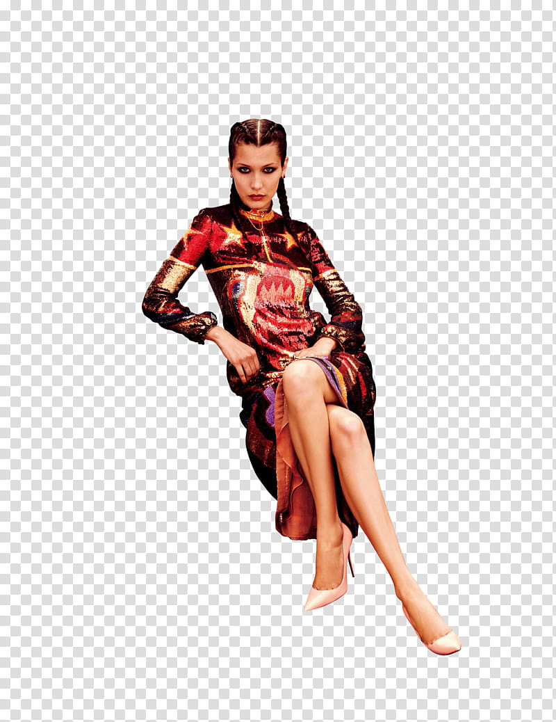 Bella Hadid, woman wearing multicolored /-sleeved dress transparent background PNG clipart