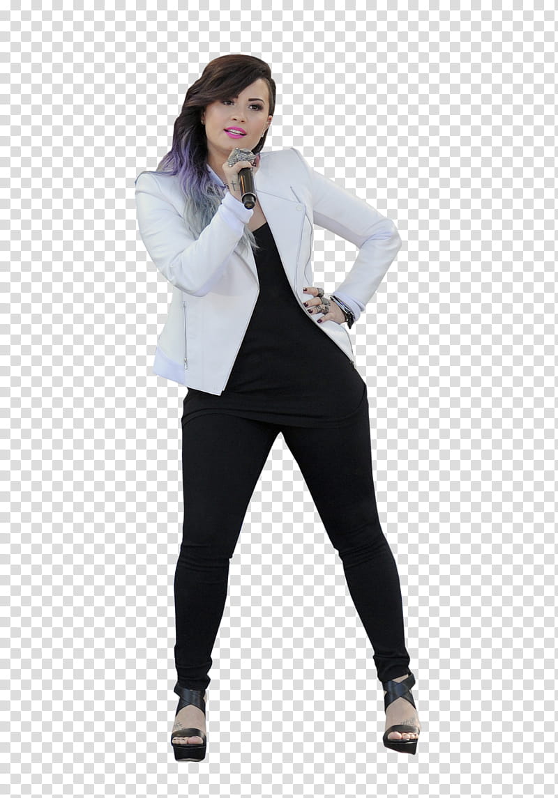 Demi Lovato , woman wearing white blazer holding microphone singing transparent background PNG clipart