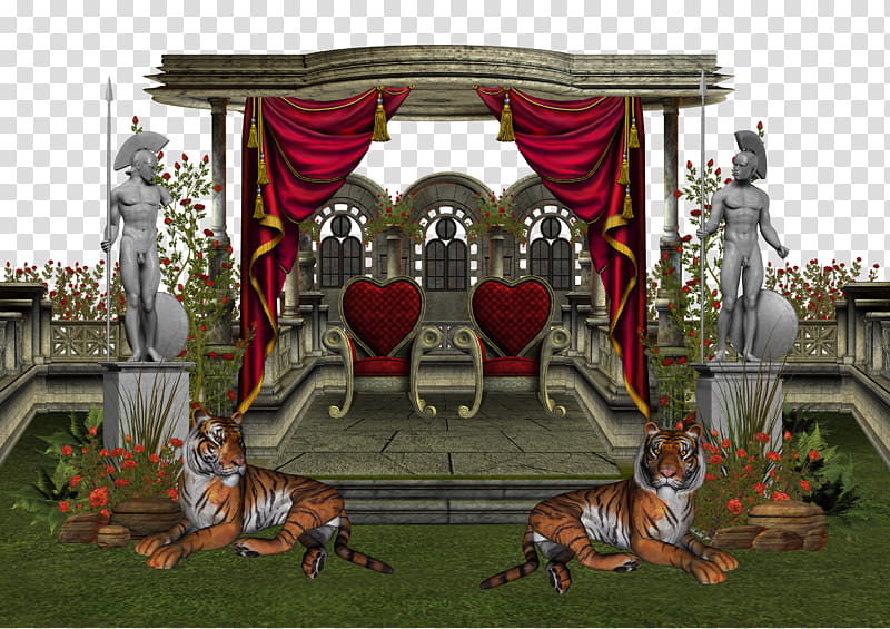 medieval structure , two tigers beside statues illustration transparent background PNG clipart