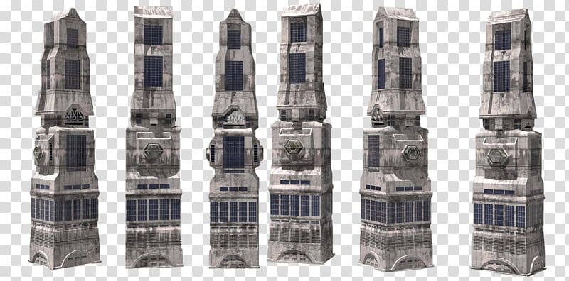 Sci Fi Buildings, six gray concrete pillars transparent background PNG clipart