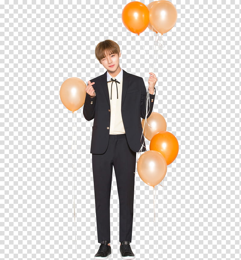 WANNA ONE X Ivy Club P, man wearing formal suit while holding balloons transparent background PNG clipart