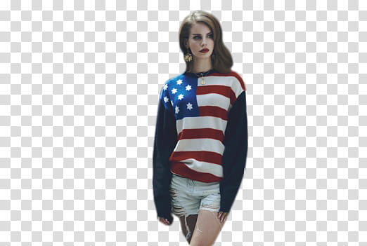 LanaDelRey, woman in blue and red USA flag-printed sweater transparent background PNG clipart