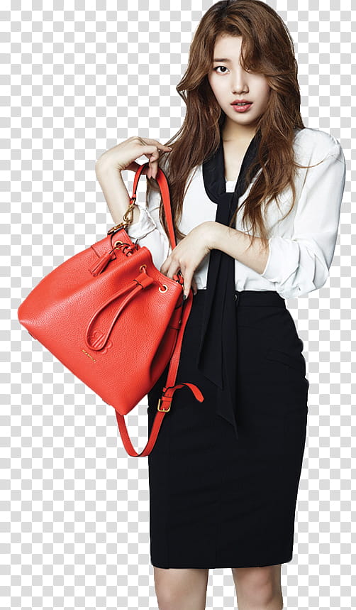 SUZY S, woman wearing white blouse holding red leather bag transparent background PNG clipart