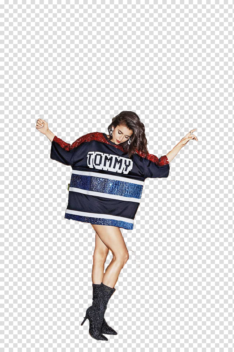 Nina Dobrev, woman wearing white and black Tommy Hilfiger shirt transparent background PNG clipart