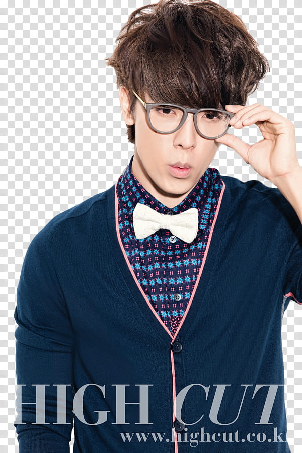 Lee Donghae wearing blue V-neck sweater and eyeglasses standing transparent background PNG clipart