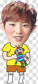 EXO Welcome to Kinder Garten  s, man wearing yellow t-shirt holding robot illustration transparent background PNG clipart