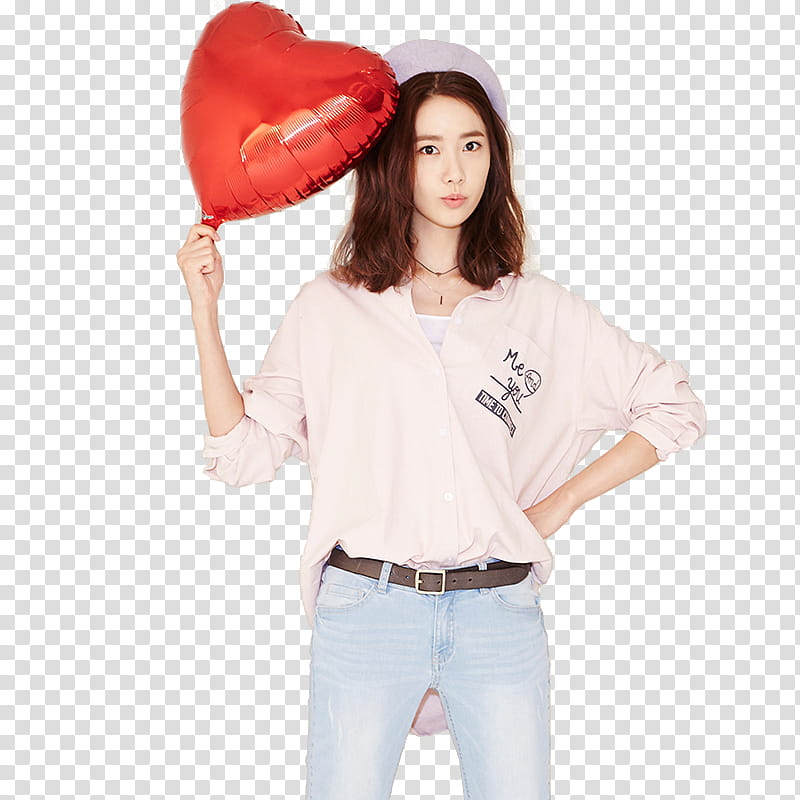 SNSD Yoona H Connect, woman standing holding red inflatable heart balloon transparent background PNG clipart