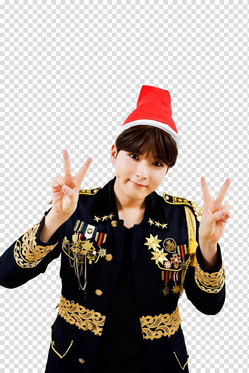Super JuniorELFJAPAN fukuoka Christmas , man in black coat signalling peace hand gestures transparent background PNG clipart