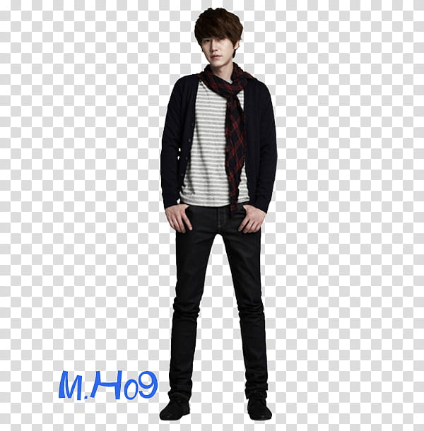 Handsome Kyu FILES, man in black jacket with gray and white striped shirt and black pants outfit transparent background PNG clipart