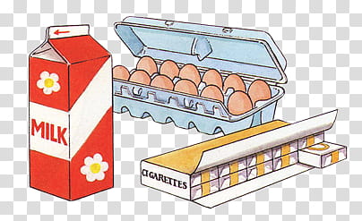 Is there anything to eat S, box of cigarette, tray of egg, and Milk carton graphic transparent background PNG clipart