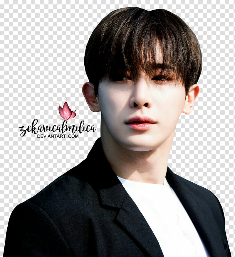 Monsta X Wonho Jealousy x Naver, man wearing black notched lapel suit jacket transparent background PNG clipart