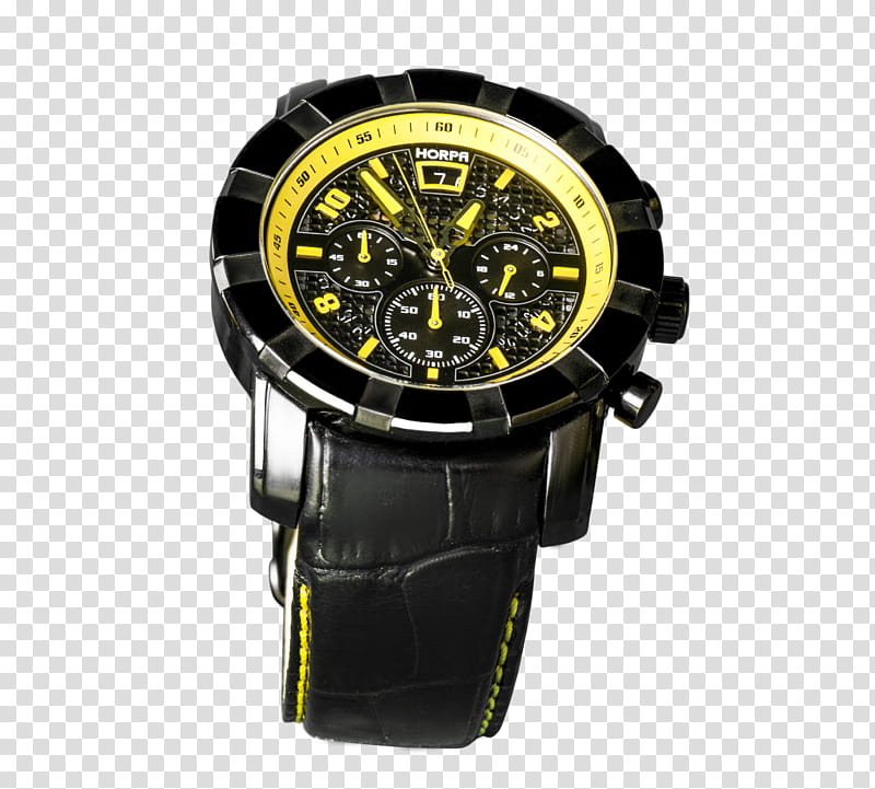 Black yellow watch , round silver-colored chronograph watch transparent background PNG clipart