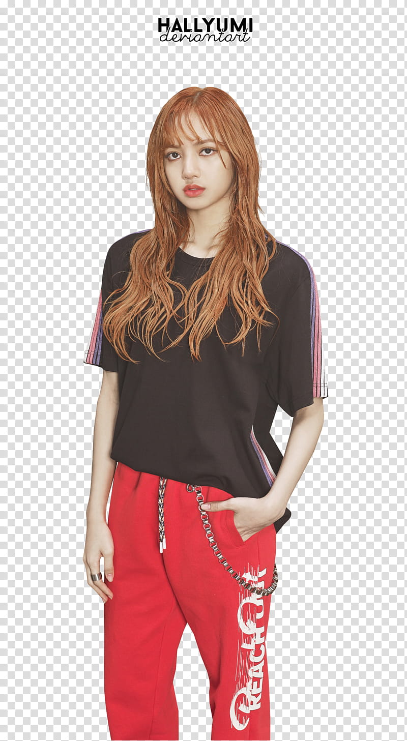 Lisa, Blackpink Lalisa Manoban wearing red pants and black T-shirt transparent background PNG clipart