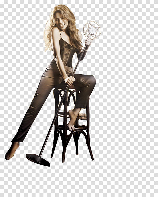 Thalia holding a microphone with stand transparent background PNG clipart