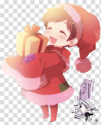 Renders Anime Chibi, smiling female anime character carrying gift present box transparent background PNG clipart