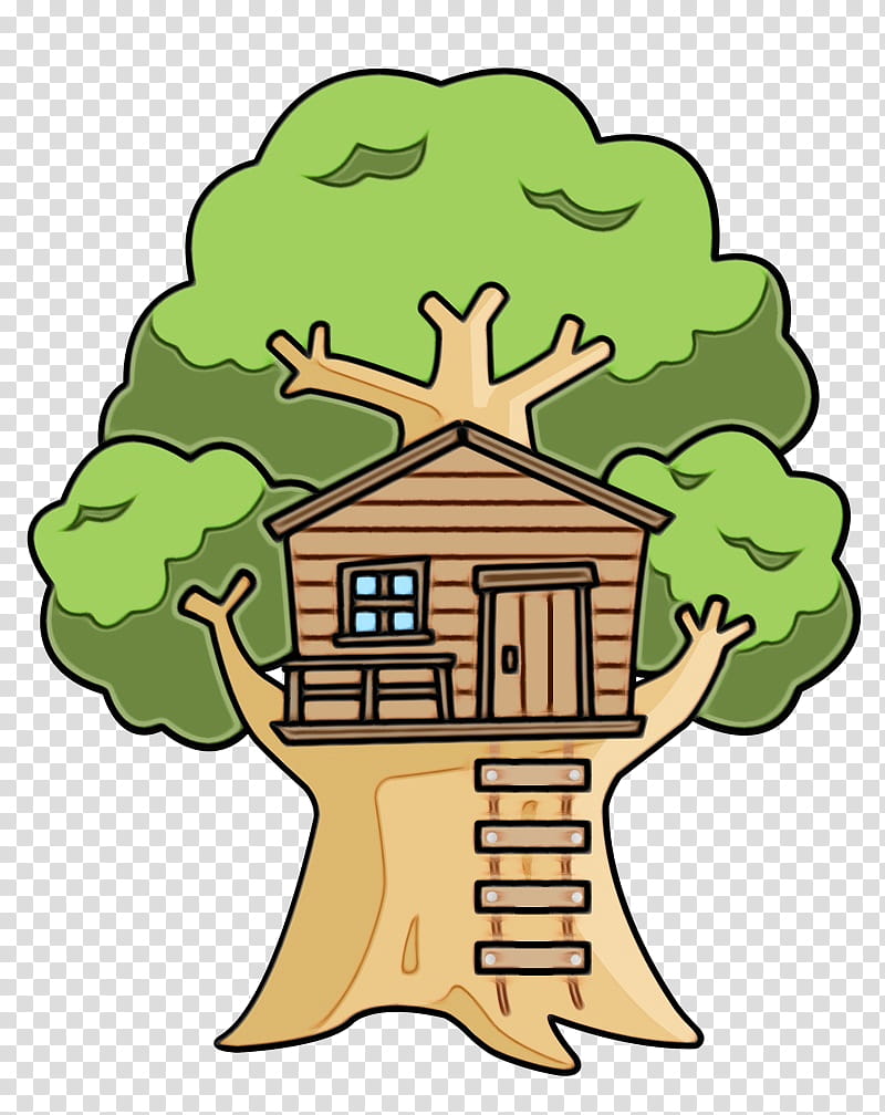 Watercolor Tree, Paint, Wet Ink, House, Tree House, Magic Tree House, Drawing, Green transparent background PNG clipart