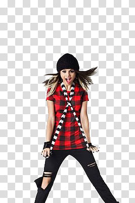 Selena Gomez byMandy, Selena Gomez in red and black checked short sleeved blouse and black distressed denim jeans transparent background PNG clipart