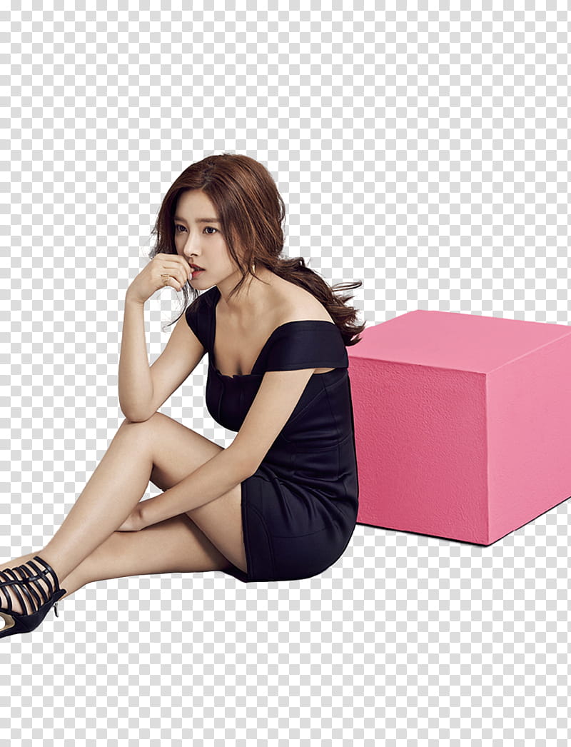 Equire Korea KimSoEun P, woman in black midi dress sitting near cube chair transparent background PNG clipart