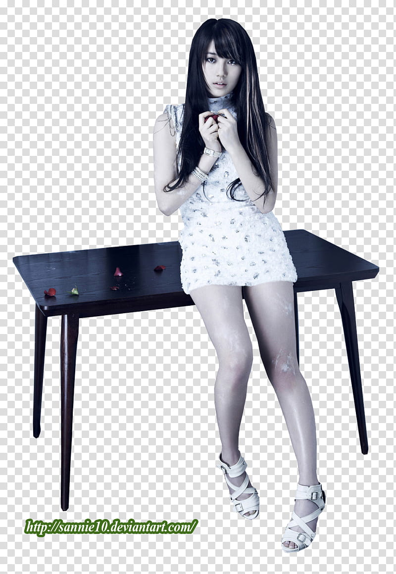 MissA Suzy Touch, woman in white and blue floral mini dress standing beside black wooden table transparent background PNG clipart