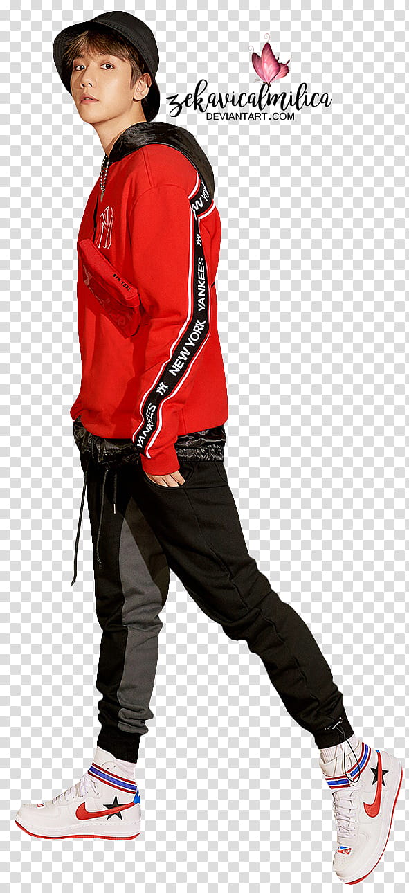 EXO Baekhyun MLB, man wearing red hoodie and black pants walking transparent background PNG clipart