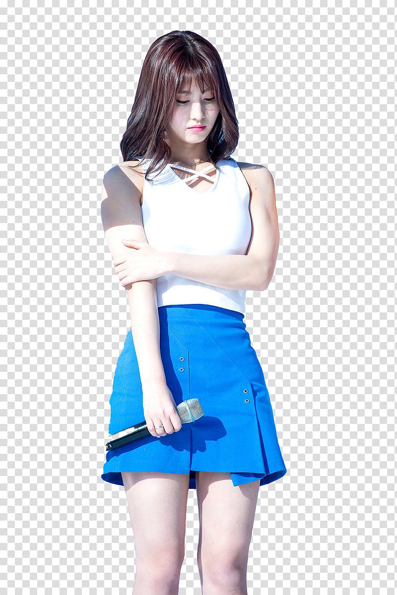 RENDER TWICE MOMO  S, woman wearing white sleeveless shirt and blue mini skirt holding microphone transparent background PNG clipart