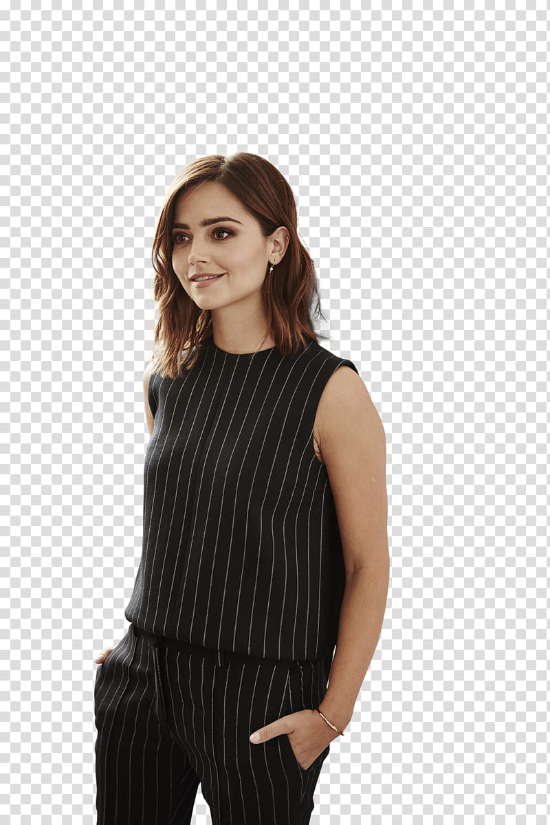 Jenna Coleman, woman wearing grey stripe crew-neck tank dress transparent background PNG clipart